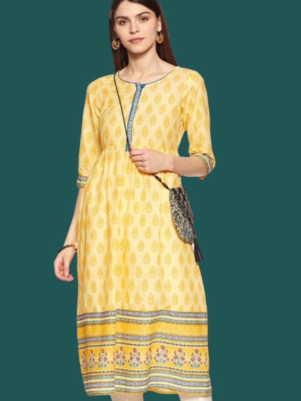 Aurelia Yellow and Blue XXL Printed Cotton Kurta Dress